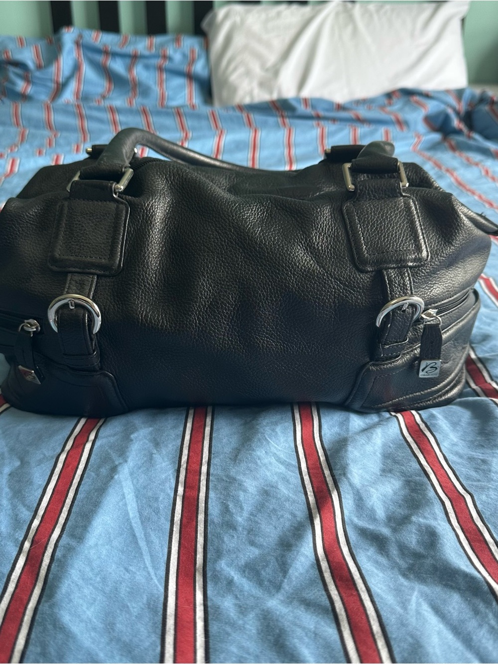 black pebbled leather handbag with silver-toned hardware